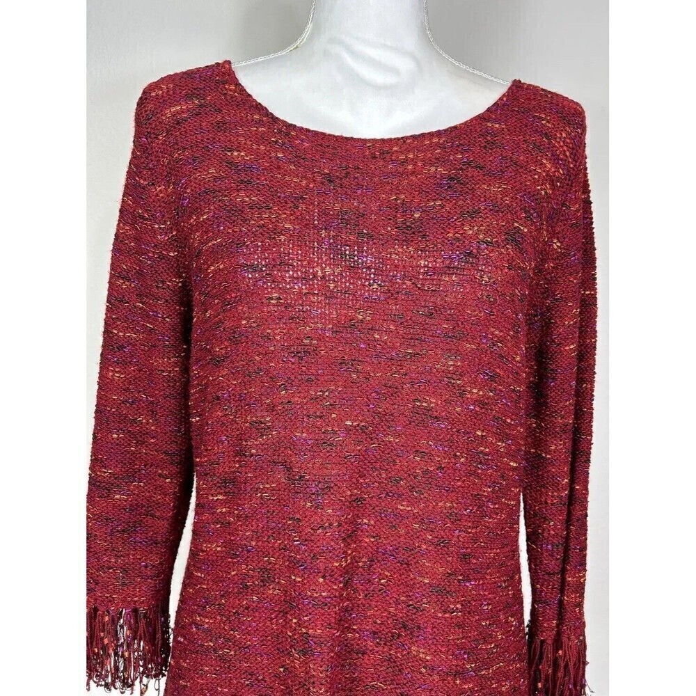 Coldwater Creek Dark Red Pullover Sweater Large (14/16) Fringe Cuffs Knit Casual - Picture 9 of 12